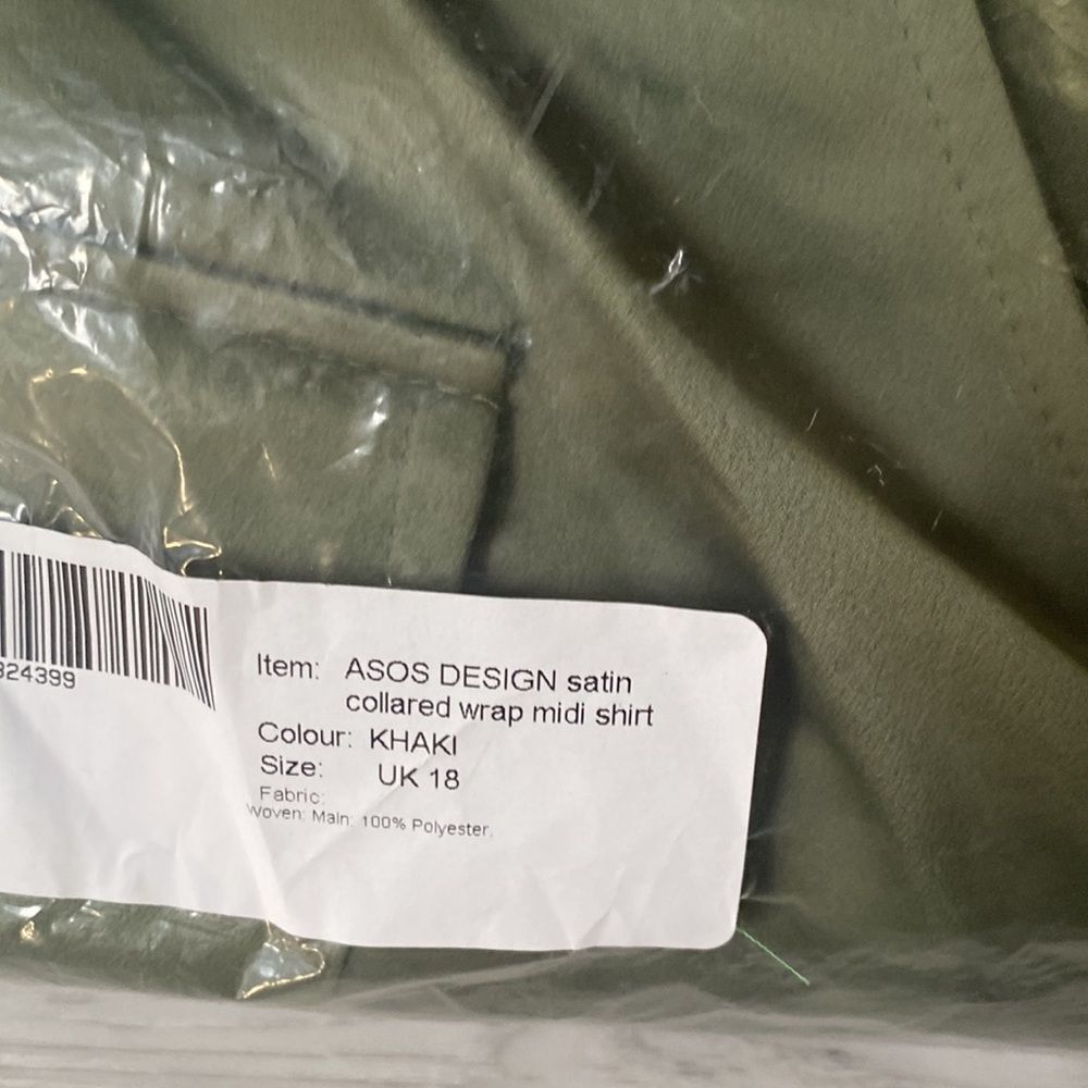 ASOS Design‎ Satin Collared Wrap Midi Shirt Khaki Size 14 NWT - Picture 6 of 7